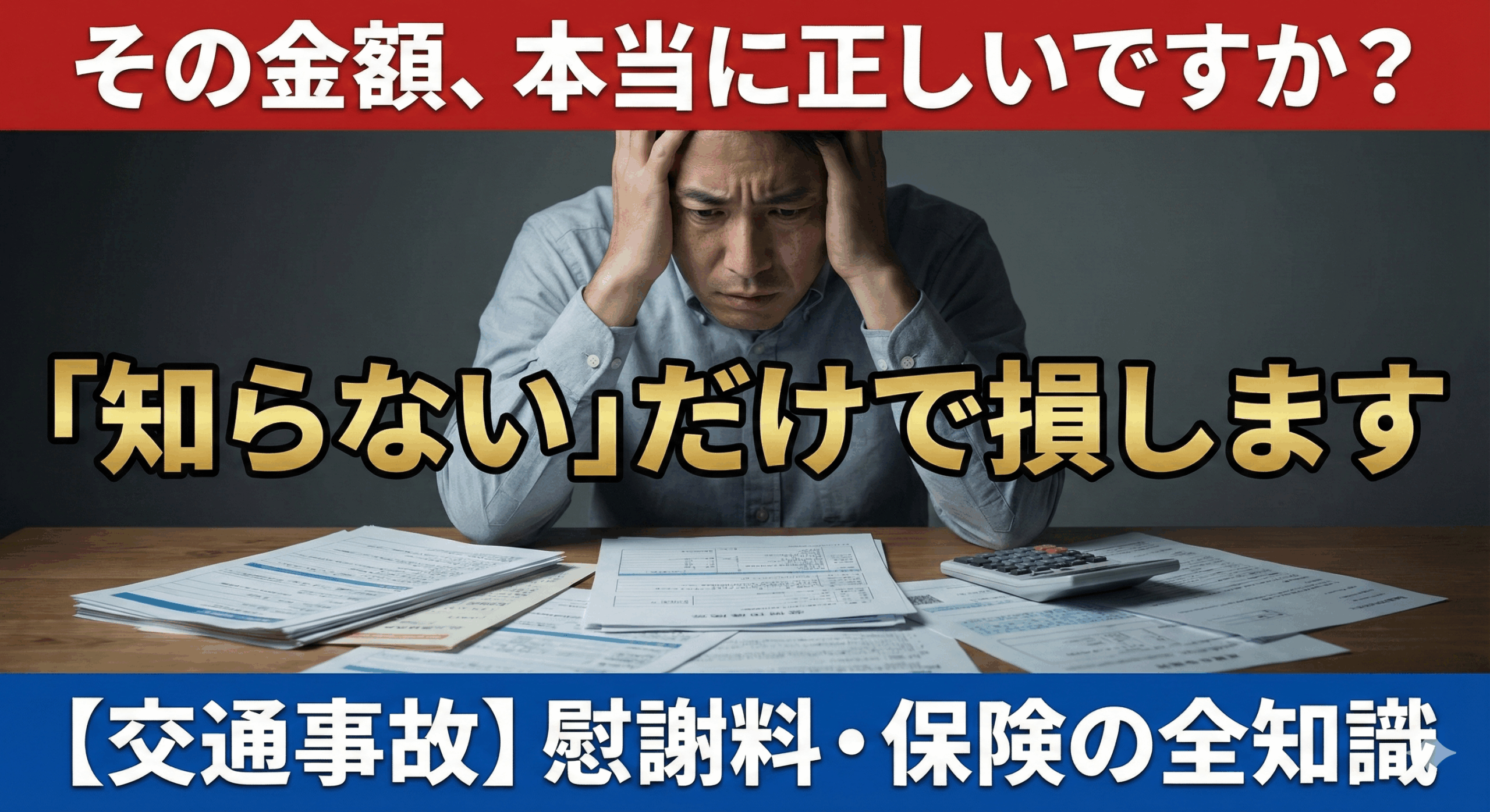 交通事故の保険書類と電卓を見て悩み、損をしないか不安になっている被害者。「知らないだけで損します」「慰謝料・保険の全知識」について解説する、長岡京市なかの接骨院の専門記事アイキャッチ画像。