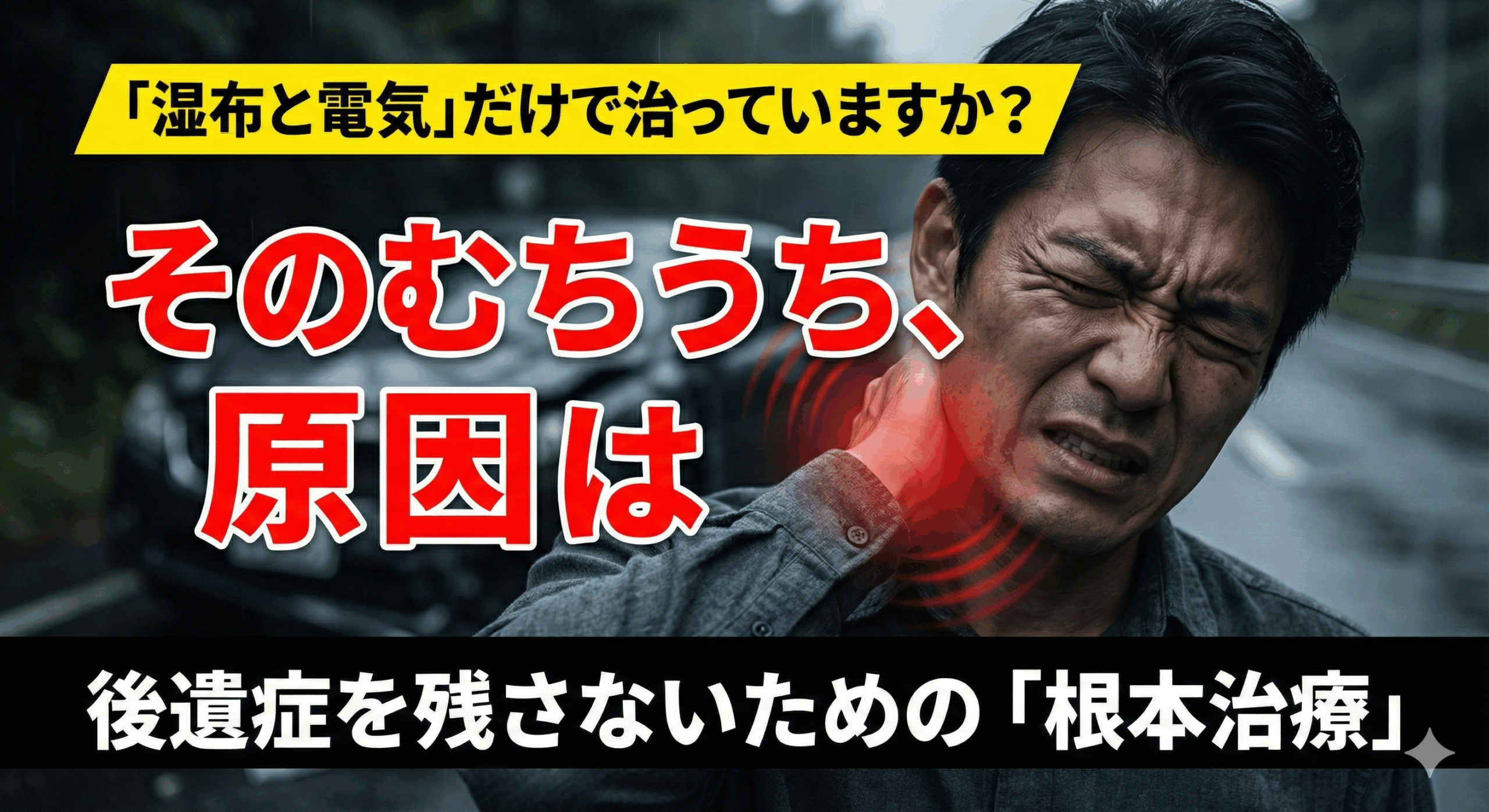 交通事故によるむちうちで首を押さえて痛がっている男性。「湿布だけでは治らない」「原因は深層筋にあります」というコピーが書かれた、長岡京市なかの接骨院の専門解説記事のアイキャッチ画像。