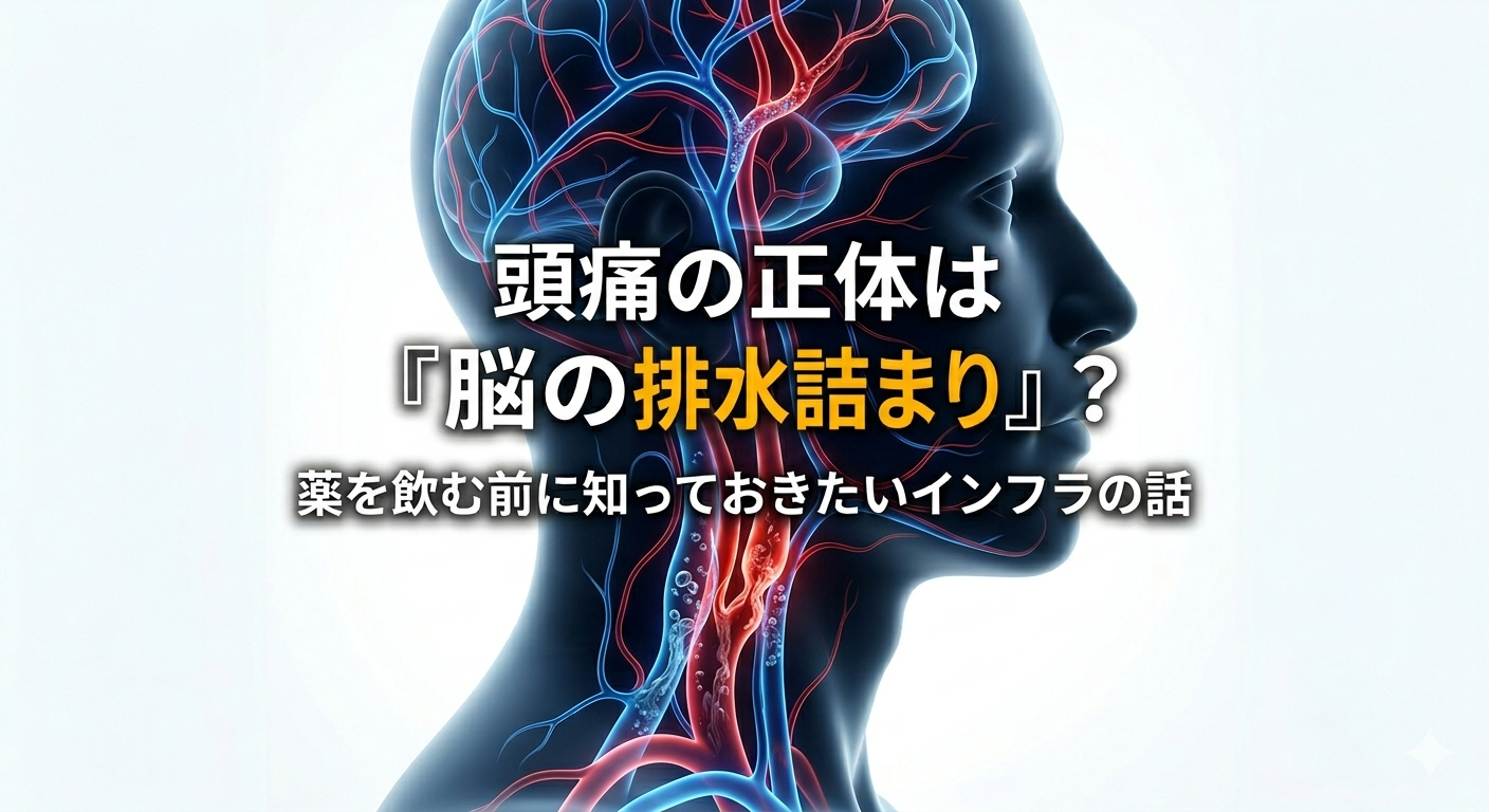 頭痛の正体は「脳の排水詰まり」？という文字入りのアイキャッチ画像。首から頭にかけて流れる動脈（赤）と静脈（青）の血管システムを表現したサイエンス風のイメージ。長岡京市のなかの接骨院