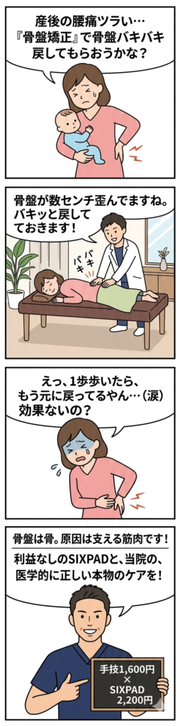 骨盤矯正の嘘とインナーマッスルの真実を解説した4コマ漫画。骨盤自体がズレるのではなく、原因は支える筋肉。なかの接骨院では手技（1,600円）でロックを外し、ほぼ利益なしのプロ用SIXPAD（2,200円）で、医学的に正しい本物の骨盤ケアを提供しています。
