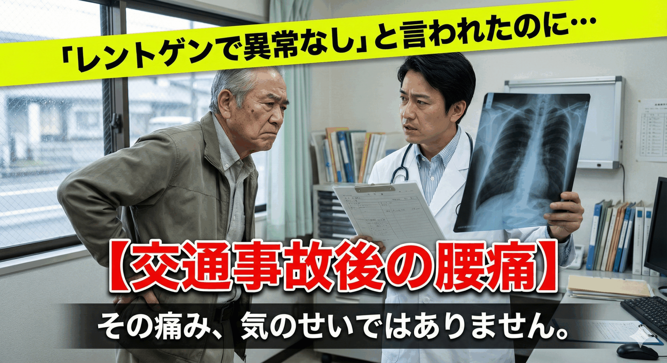 診察室でレントゲンを見ながら「異常なし」と告げられ、腰の痛みに納得がいかない表情の高齢男性。「交通事故後の腰痛」「その痛み、気のせいではありません」というコピーが書かれた、長岡京市なかの接骨院の専門解説記事のアイキャッチ画像。