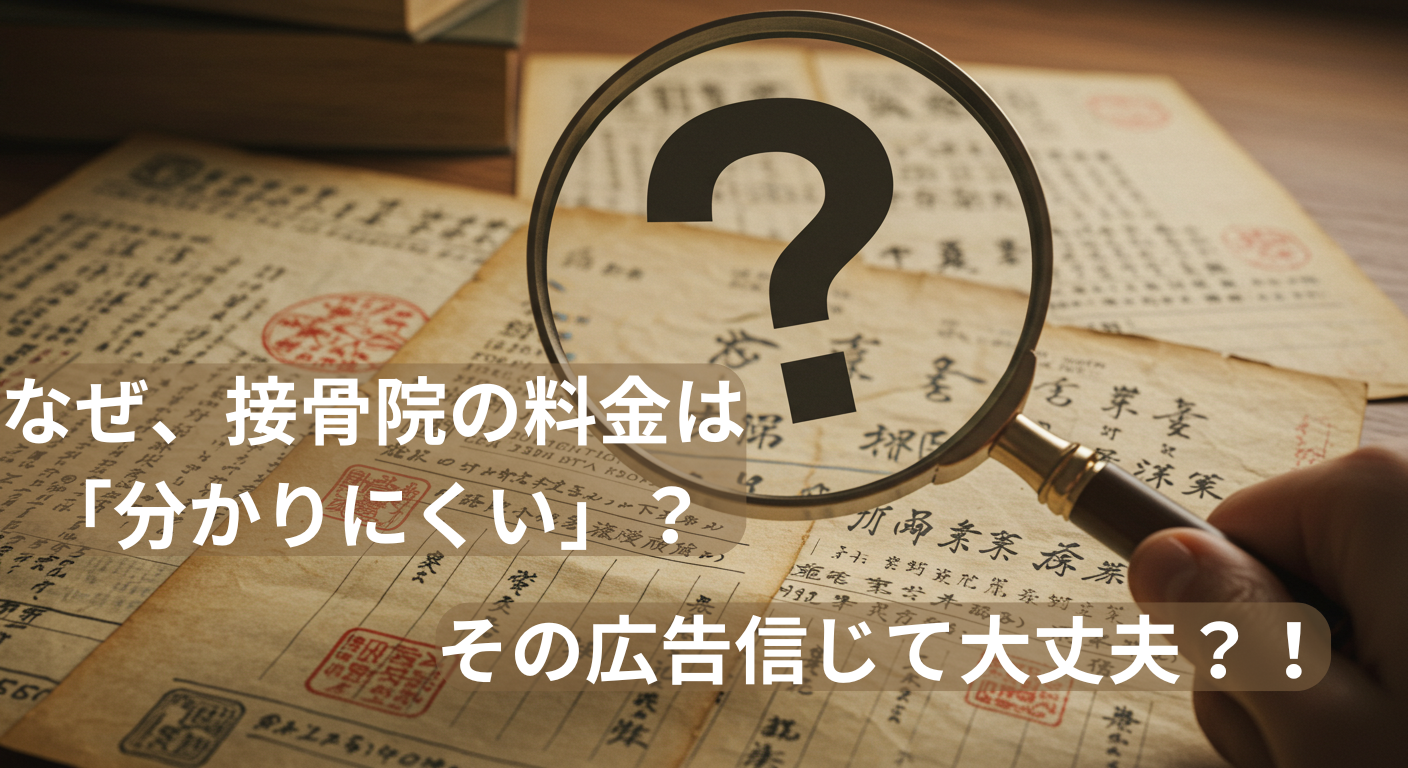 接骨院の料金の謎を虫眼鏡で調査しているイメージ画像