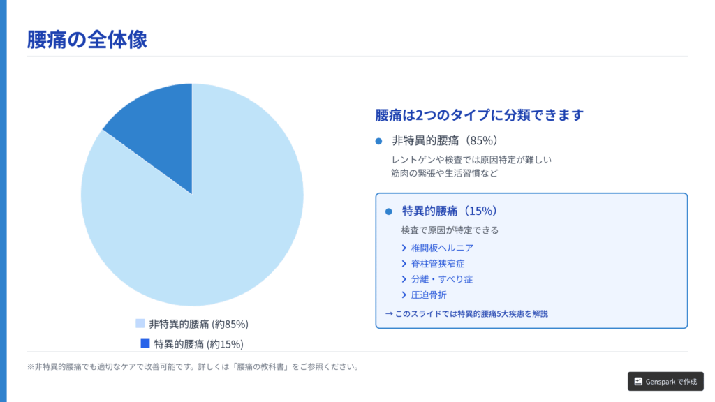 腰痛の原因の割合を示す円グラフ。「腰痛全体の85%は、レントゲンに映らない非特異的腰痛である」という事実を視覚的に示している。