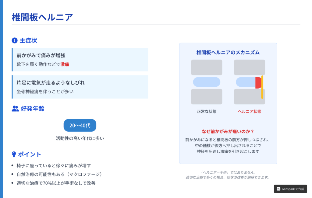 椎間板ヘルニアのメカニズムを示す図解。前かがみになることで、椎間板の中の髄核が後方へ飛び出し、神経を圧迫する様子を解説している。
