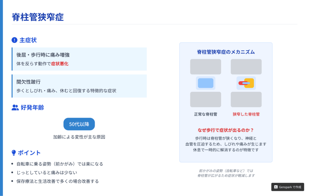 脊柱管狭窄症のメカニズムを示す図解。加齢により神経の通り道である脊柱管が狭窄し、歩行時に神経と血管を圧迫する様子を解説している。