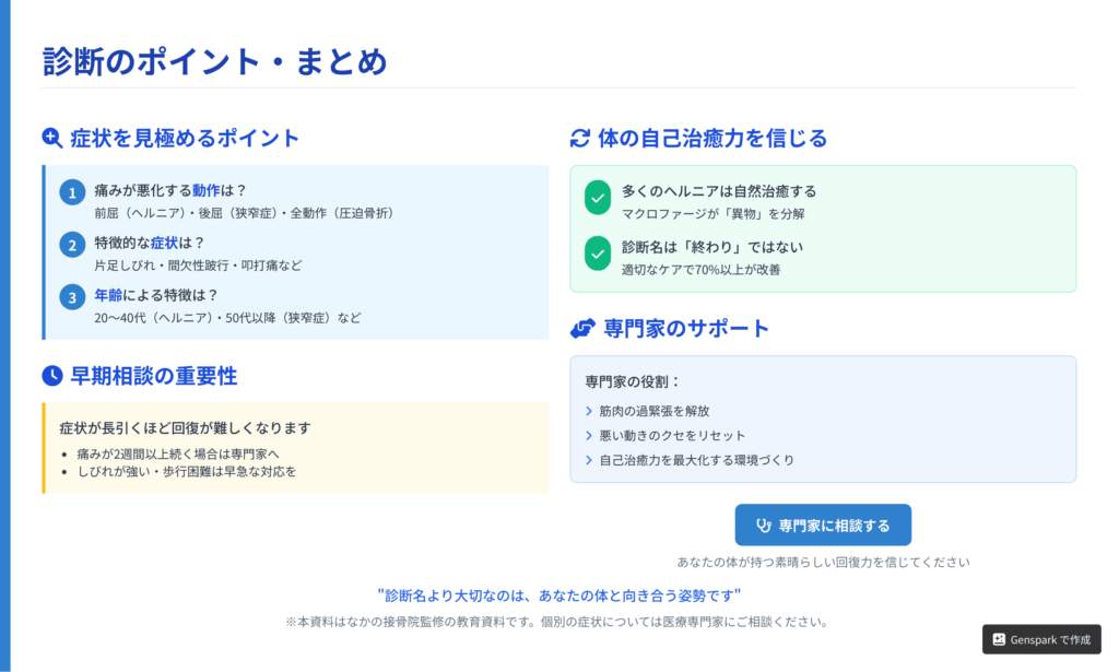 腰痛診断のポイントをまとめた図解。「症状を見極めるポイント」「体の自己治癒力を信じる」「専門家のサポート」の3つの観点から、根本改善への道筋を示している。