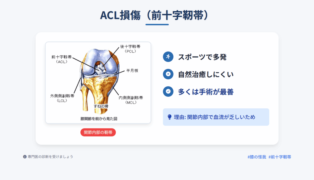 ACL損傷(前十字靭帯)の治療方針を解説するインフォグラフィック。膝関節の解剖図と共に、「スポーツで多発」「自然治癒しにくい」「多くは手術が最善」といったポイントが示されている。