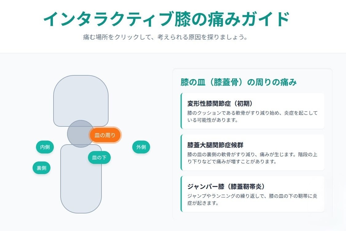 なかの接骨院監修「インタラクティブ膝の痛みガイド」のアイキャッチ画像。左に膝のイラストと「皿の周り」「内側」など痛む場所を示すボタンが配置され、右側にはクリックに応じて変化する原因疾患のリストが表示されている様子。