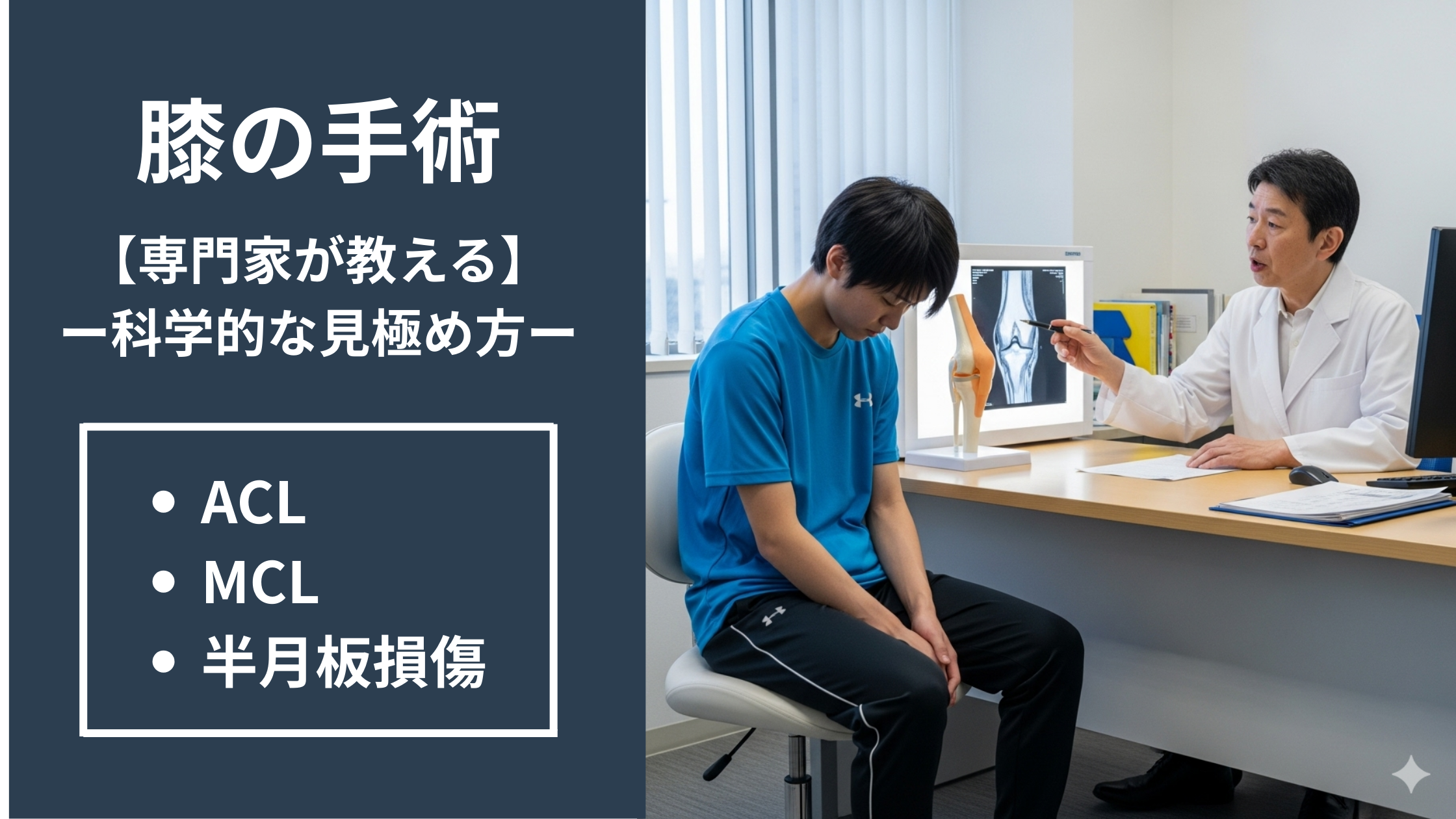 膝の手術の判断基準を解説する記事のアイキャッチ画像。診察室で医師から説明を受ける選手の写真の横に、「【専門家が教える】科学的な見極め方」というコピーと、「ACL・MCL・半月板損傷」のリストが黒板のように表示されている。
