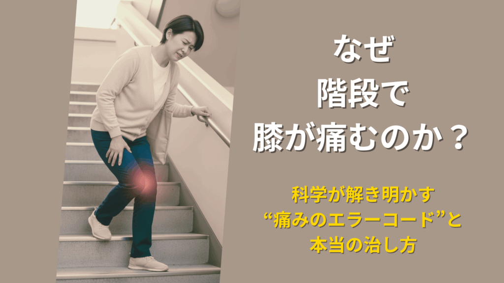 階段で膝の痛みに悩む女性の写真。「なぜ、階段で膝が痛むのか？」という問いかけと、「科学が解き明かす“痛みのエラーコード”と本当の治し方」という、なかの接骨院による解説記事のアイキャッチ画像。