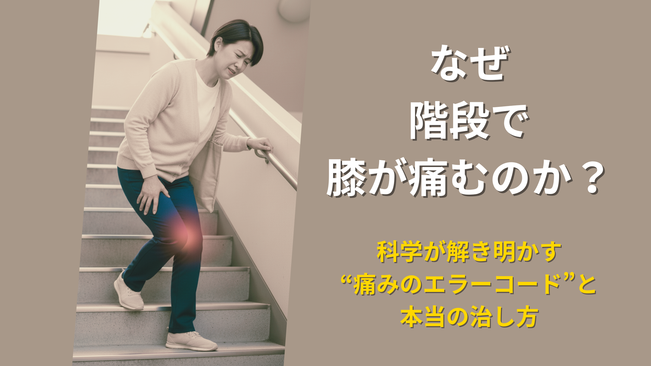 階段で膝の痛みに悩む女性の写真。「なぜ、階段で膝が痛むのか？」という問いかけと、「科学が解き明かす“痛みのエラーコード”と本当の治し方」という、なかの接骨院による解説記事のアイキャッチ画像。