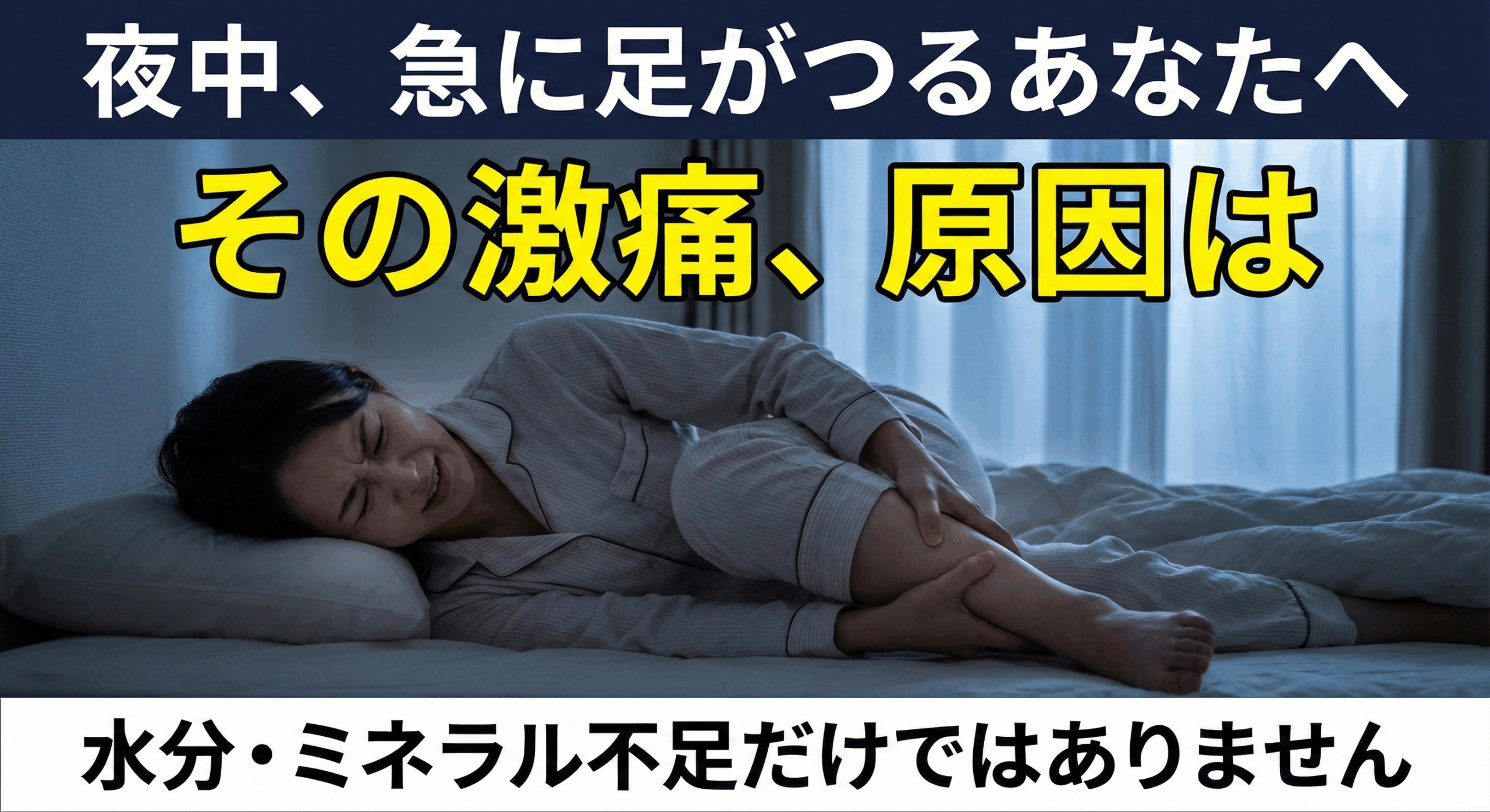 夜中に足がつって（こむら返り）、ふくらはぎを押さえて痛がっている女性。「その激痛、原因は脳のバグです」というコピーが書かれた、長岡京市なかの接骨院の専門解説記事のアイキャッチ画像。