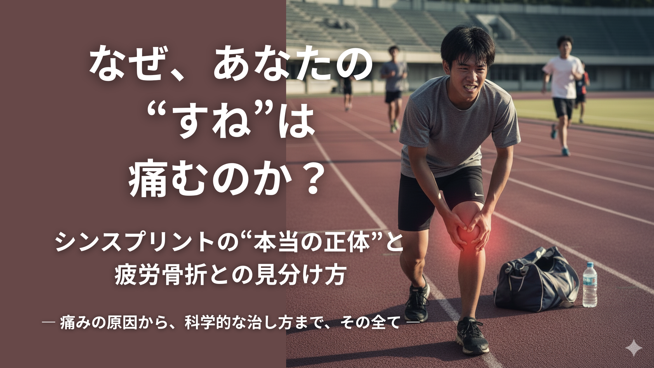 陸上トラックで、すねの痛みに、顔を歪める、若い、男性アスリート。「なぜ、あなたの“すね”は、痛むのか?」という、問いかけで、シンスプリントの、本当の、正体と、疲労骨折との、見分け方を、解説する、なかの接骨院の、専門記事の、アイキャッチ画像。