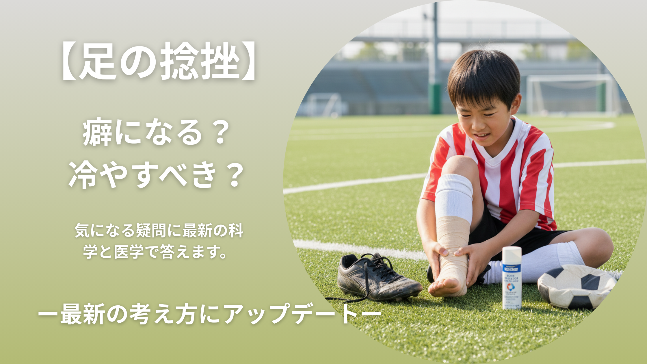 サッカー場で足首を捻挫し、痛みに顔を歪める少年。その横に「【足の捻挫】癖になる？冷やすべき？」という、読者の疑問に答えるテキストが配置された、なかの接骨院の専門解説記事のアイキャッチ画像。