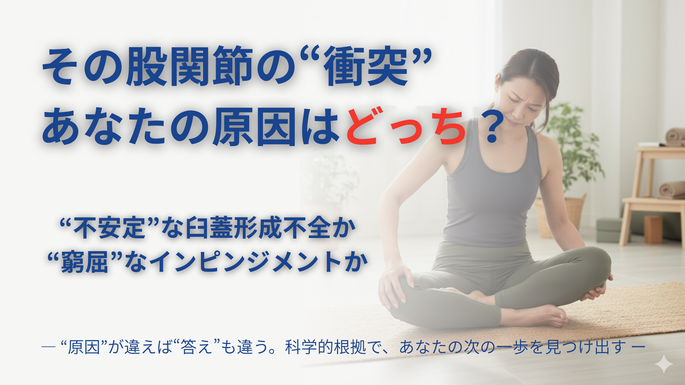 股関節の痛み・詰まりの原因を解説する、なかの接骨院の専門記事のアイキャッチ画像。「その股関節の“衝突”、あなたの原因はどっち？」という問いかけで、あぐらをかいて悩む女性の写真と共に、FAIと臼蓋形成不全の違いを診断する内容を示唆している。