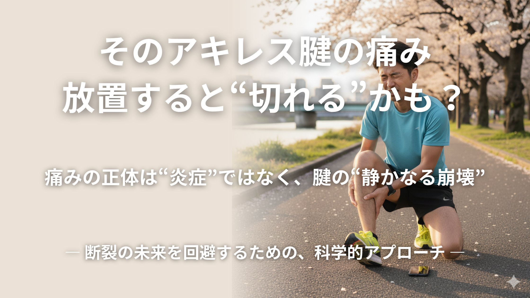 ランニング中にアキレス腱の痛みに顔を歪める男性ランナー。「そのアキレス腱の痛み、放置すると“切れる”かも？」という警告で、アキレス腱炎を放置するリスク（断裂）について解説する、なかの接骨院の専門記事のアイキャッチ画像。