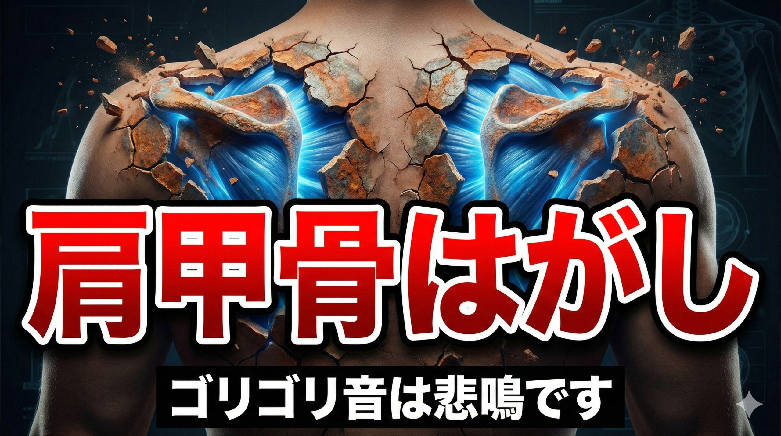 【肩甲骨はがし】「ゴリゴリ音は悲鳴です」という警告文と、背中の筋膜癒着がバリバリと剥がれていく様子を描いたアイキャッチ画像。