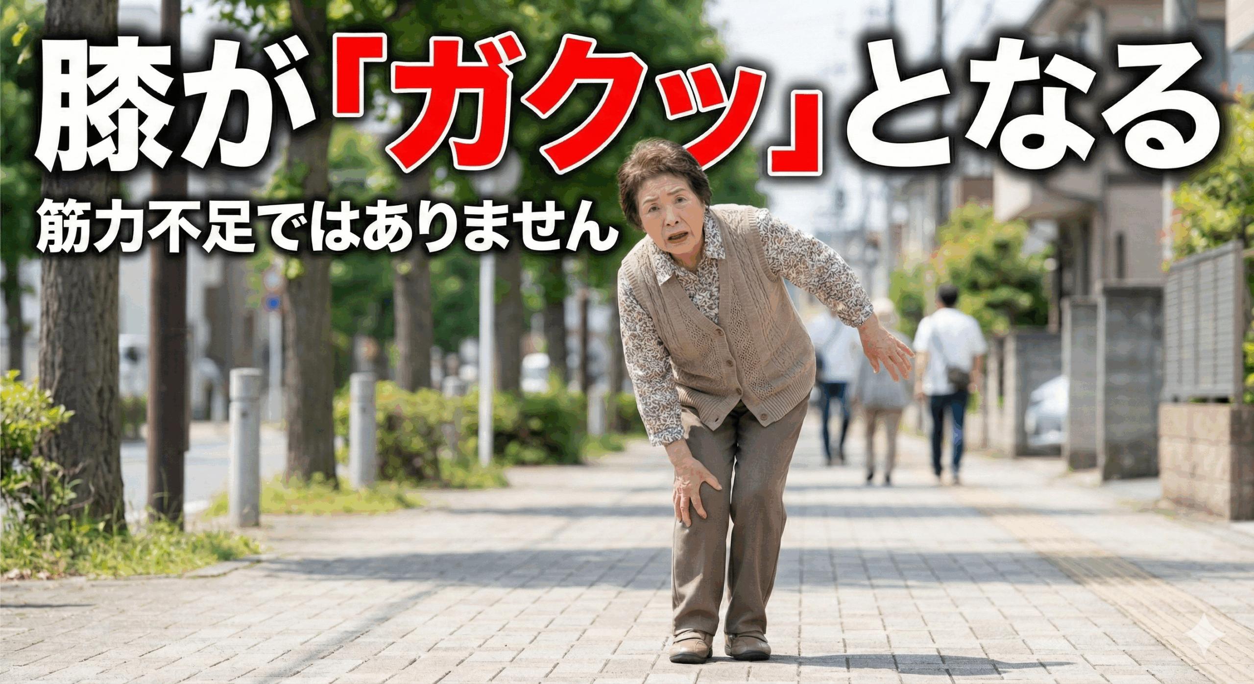 歩行中に突然膝がガクッとなって転びそうになり、驚いている高齢女性。「膝がガクッとなる」「筋力不足ではありません」というコピーが書かれた、長岡京市なかの接骨院の専門解説記事のアイキャッチ画像。