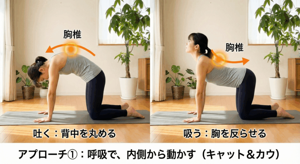 キャット＆カウのヨガポーズを解説する2分割画像。左側は四つ這いで背中を丸めた女性で、「吐く：背中を丸める」と「胸椎」の動きを示す矢印がある。右側は背中を反らせた女性で、「吸う：胸を反らせる」と「胸椎」の動きを示す矢印がある。全体の下に「アプローチ①：呼吸で、内側から動かす（キャット＆カウ）」というタイトルが表示されている。