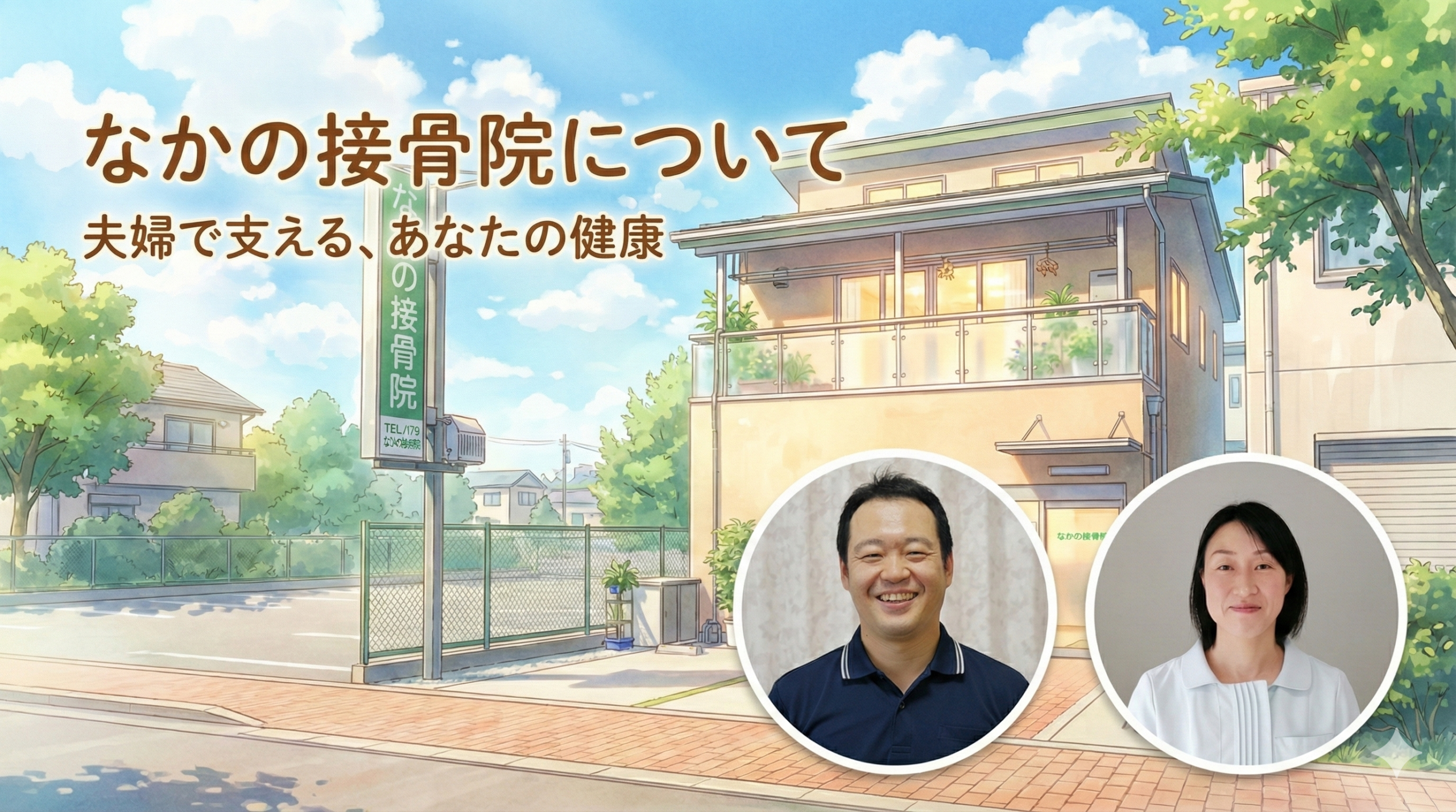 「なかの接骨院について」というタイトルと「夫婦で支える、あなたの健康」というキャッチコピーが入ったアイキャッチ画像。温かいアニメーション風の接骨院の外観イラストを背景に、紺色のポロシャツを着た中野雄太院長と、白衣を着た鍼灸師の奥様の笑顔の写真を配置。