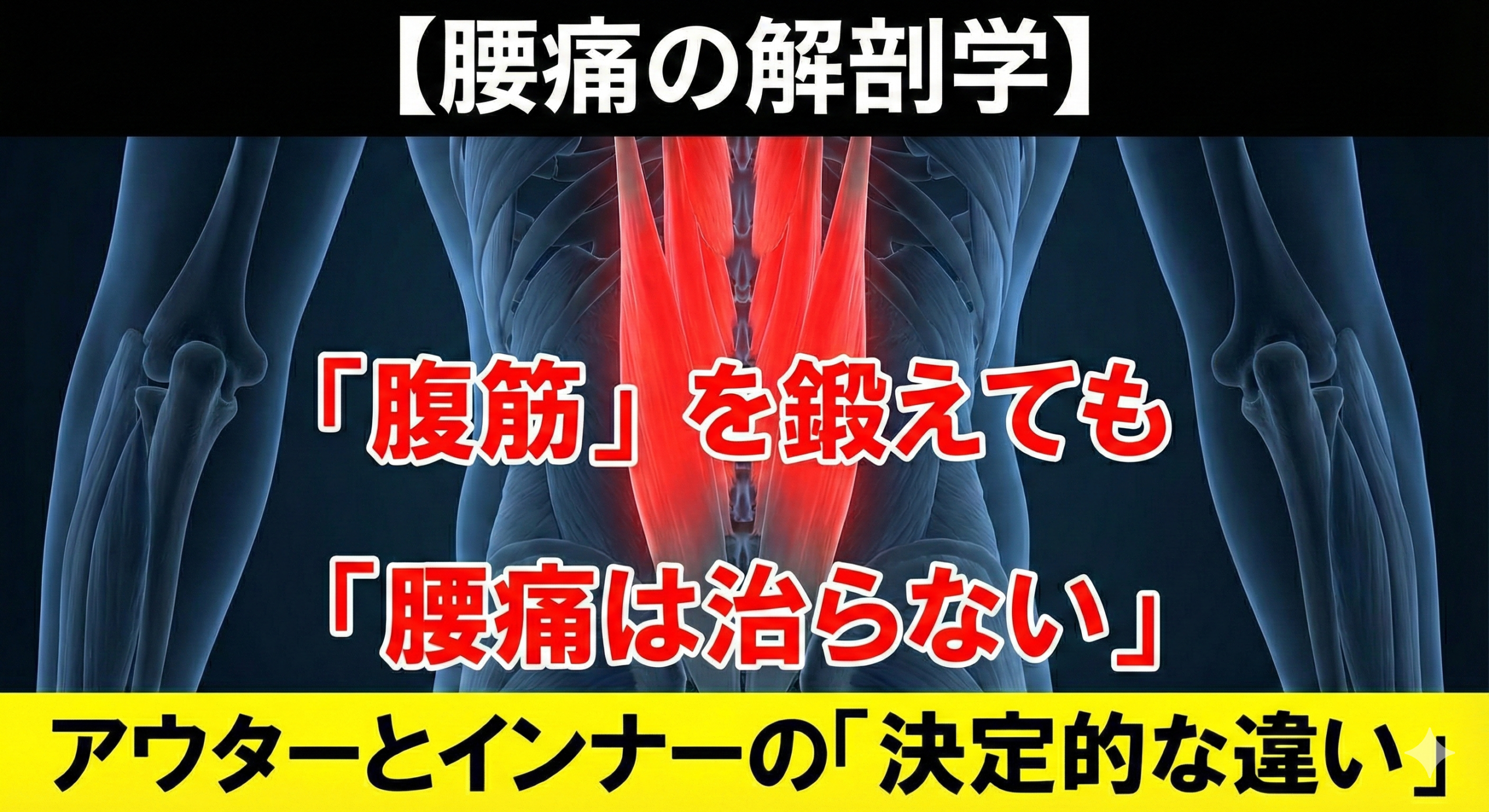 腰のアウターマッスル（脊柱起立筋）が赤く緊張し、インナーマッスルが機能停止している解剖図。「腹筋を鍛えても治らない」「アウターとインナーの決定的な違い」というコピーが書かれた、長岡京市なかの接骨院の専門解説記事のアイキャッチ画像。