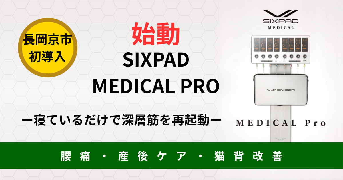 長岡京市初導入の医療用SIXPAD(EMS)機器の写真。「寝ているだけで深層筋を再起動」「腰痛・産後ケア・猫背改善」というキャッチコピーが書かれた、なかの接骨院の治療メニュー紹介画像。