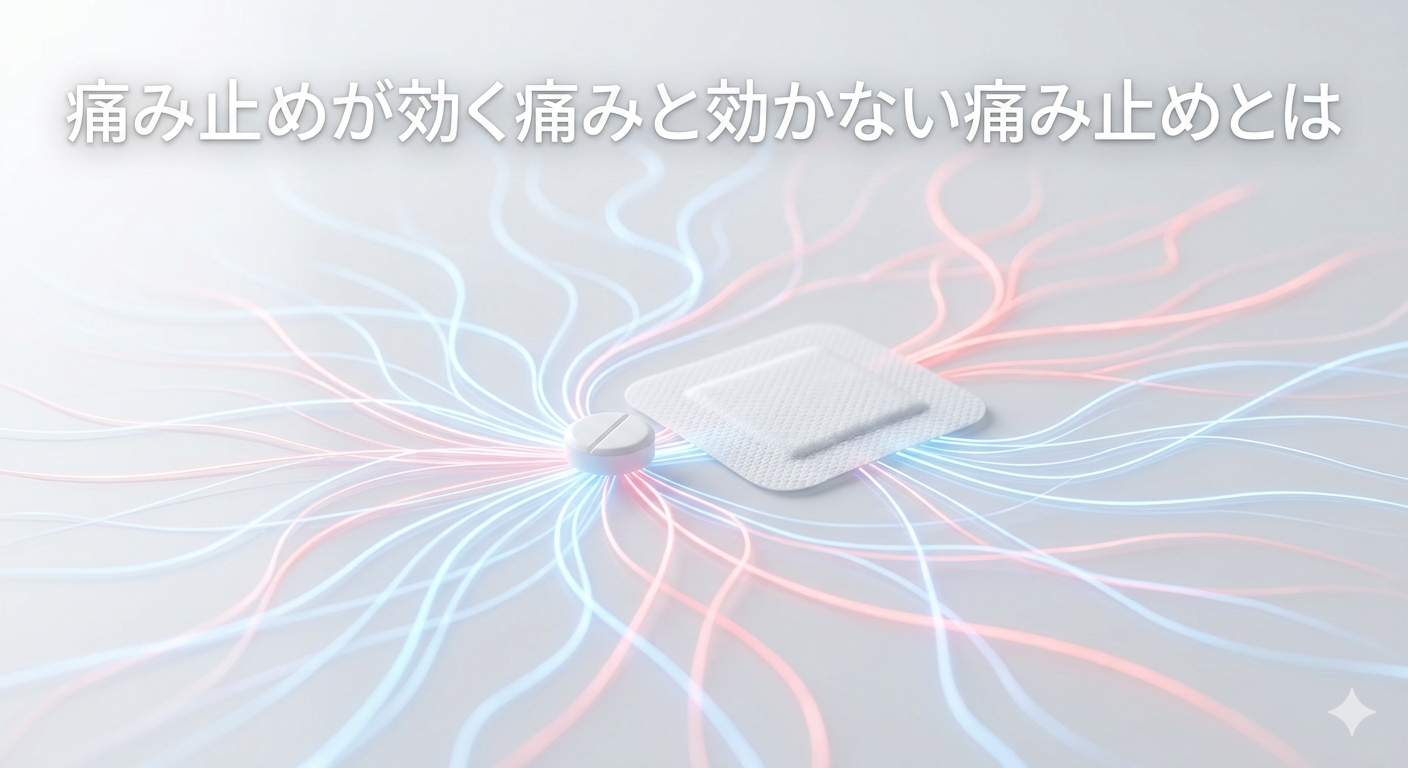 痛み止めが『効く痛み』と『効かない痛み』の文字入りアイキャッチ画像。錠剤と湿布、全身に広がる神経と血管のネットワークを表現したサイエンス風イメージ。長岡京市のなかの接骨院