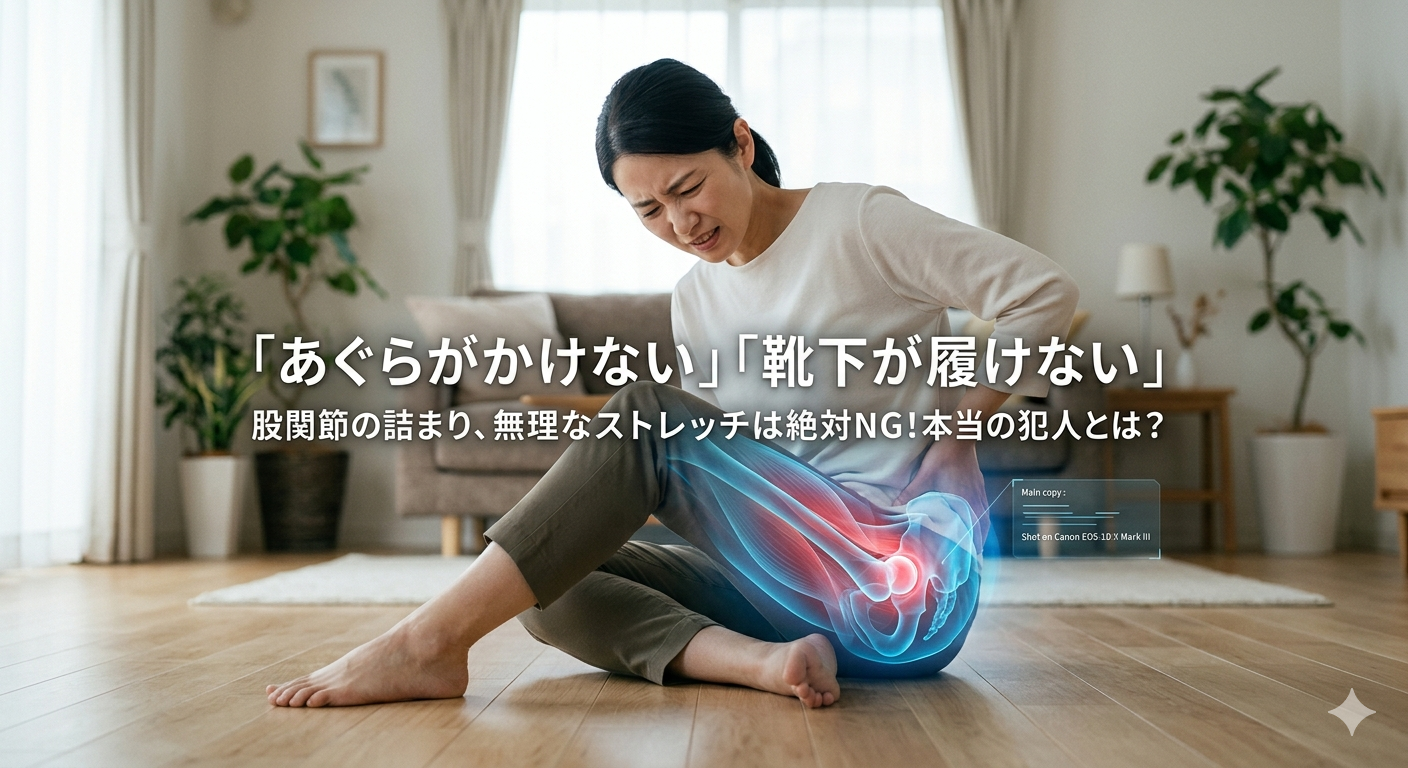 あぐらがかけない・股関節の詰まりを表現したアイキャッチ画像。股関節の骨と筋肉の構造、インピンジメント（骨の衝突）を解説するイメージ。長岡京市のなかの接骨院